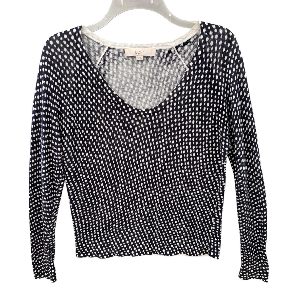 LOFT Linen Blend Sweater XS Blue White Dot Lightweight Knit‎ Raglan Soft Top